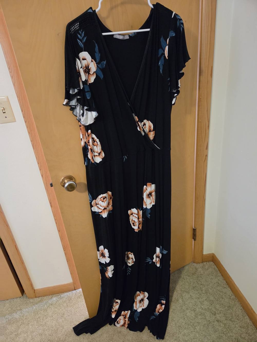 Loveappella Black Maxi Wrap Dress with Peach and Teal Floral Print
